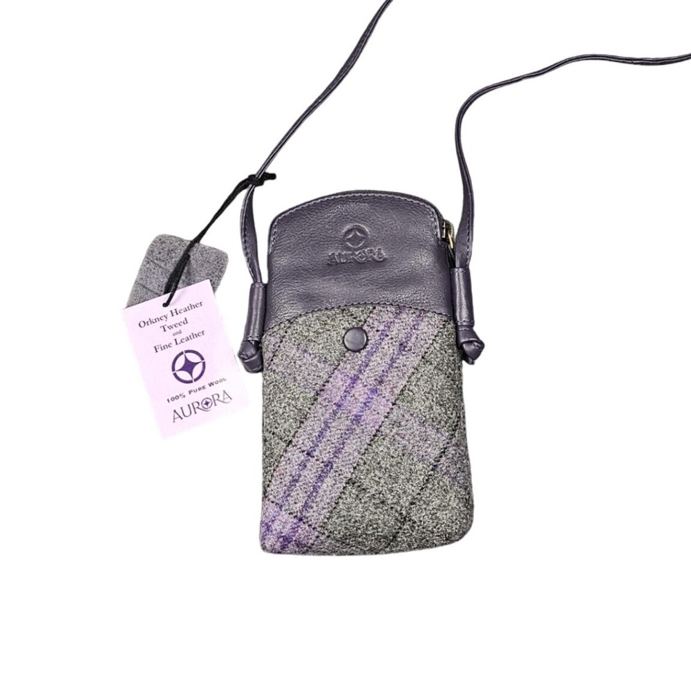 Aurora Orkney Heather Tweed‎ Leather Crossbody Bag Tartan Plaid Cell Phone Purse - Picture 2 of 5